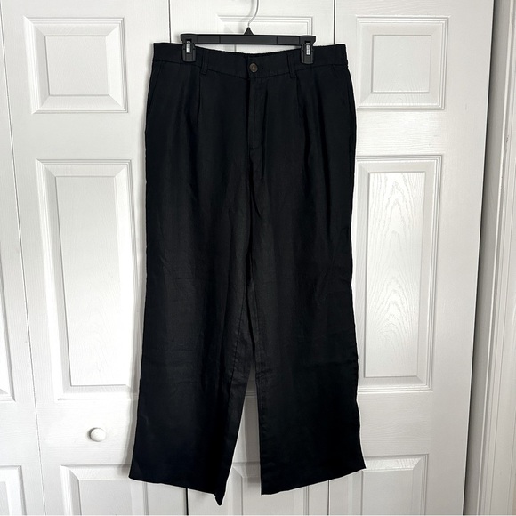 Lands End Womens Black High Rise Wide Leg Linen Pants Sz 14 Minimalist Office - Picture 1 of 13
